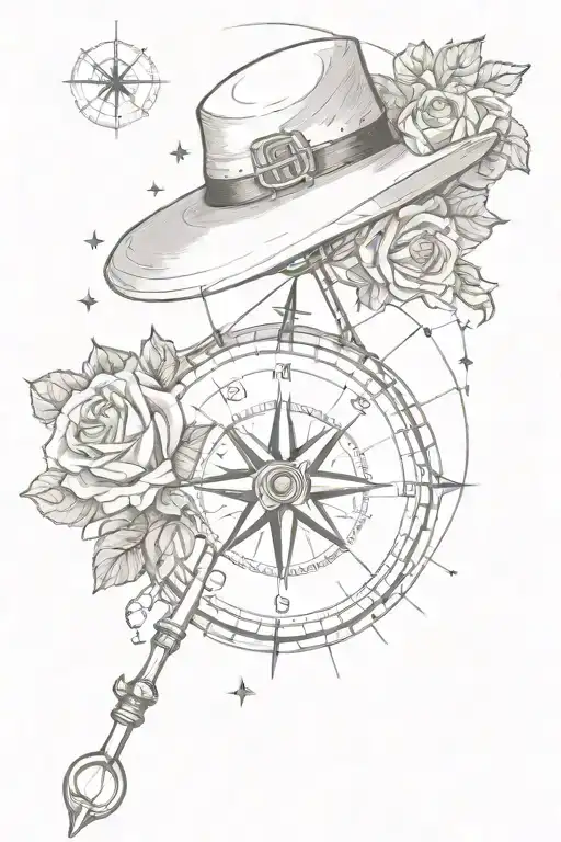 compass with Jim Indy crickets hat and umbrella, surrounded by roses and a shooting star tattoo design idea