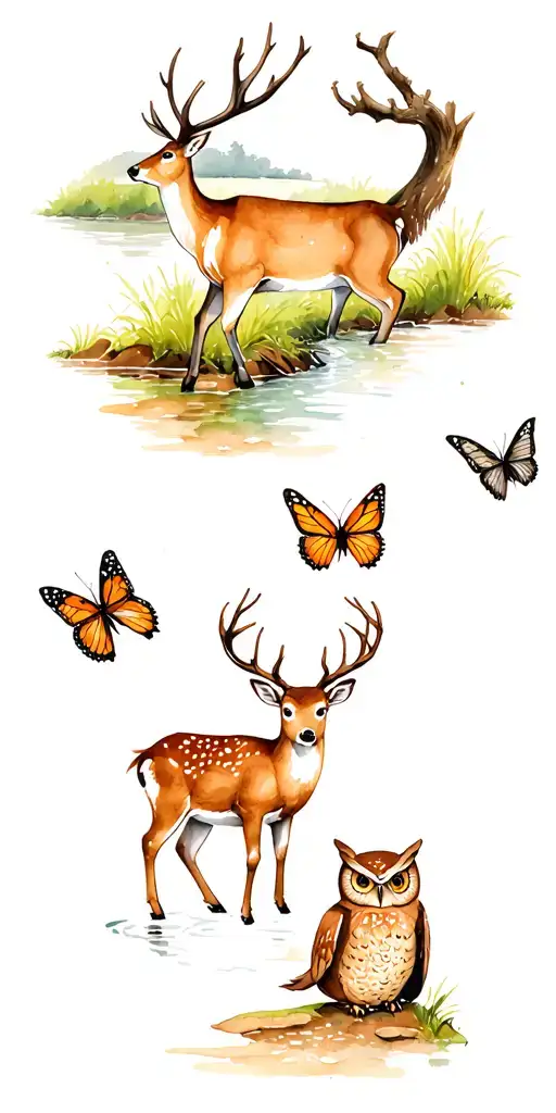 woodland scene featuring a creek running,  a deer, an owl, and butterflies tattoo design idea
