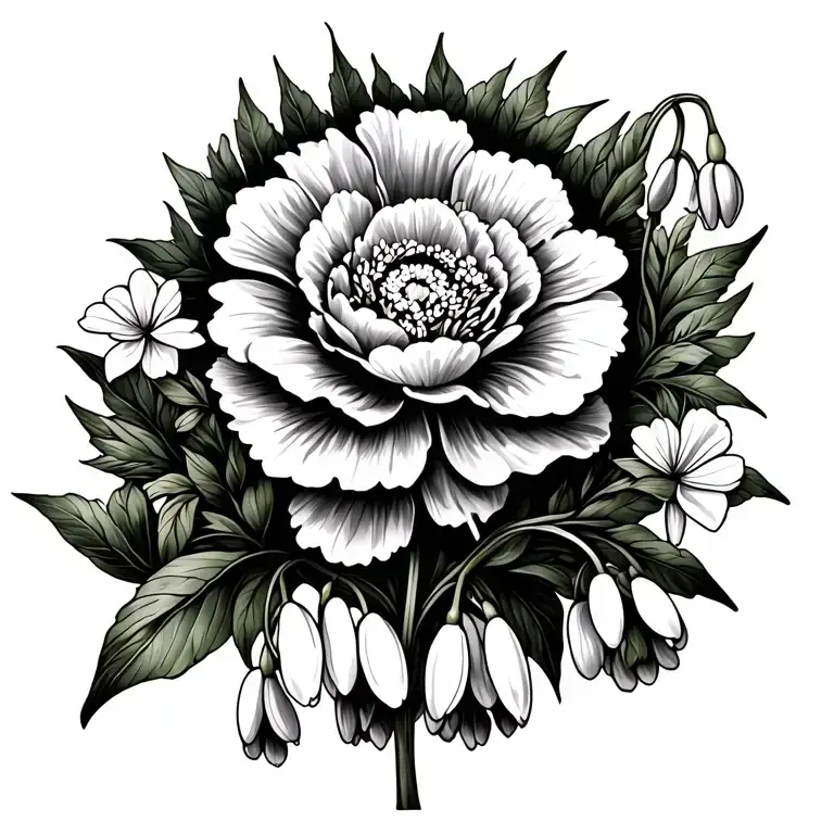 tattoo with carnation and snowdrops together spread out over the shoulder blade tattoo design idea