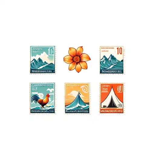  three post stamps, one with madeiran flower, second with mountains, tent and rooster, thirsd with surfboard and waves tattoo design idea
