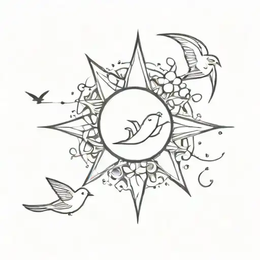 sun moon star flower and birds tattoo design idea