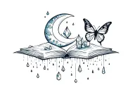 waxing crescent moon, rain, books, biological human heart, crystals and butterfly.  tattoo design idea
