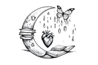waxing crescent moon, rain, books, biological human heart, crystals and butterfly.  tattoo design idea