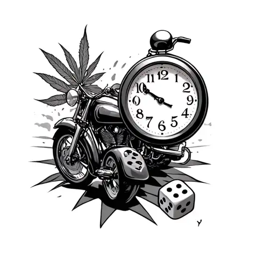 clock reading 420, dice, motorcycle, road tattoo design idea