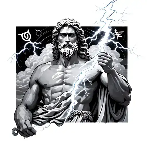 Zeus holding a lightning bolt with clouds and lightning and Greek symbols around him tattoo design idea