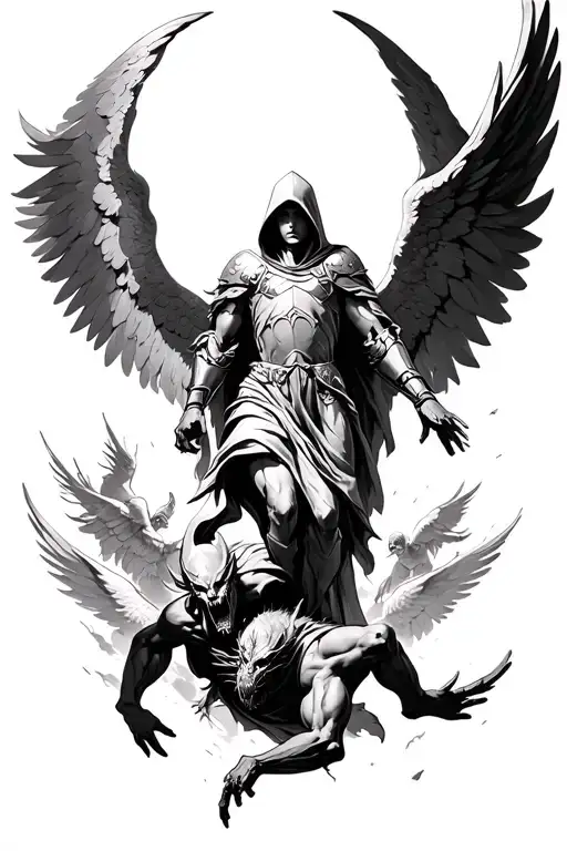 Hooded arc angel with armor  flying down to defeat a demon with angels in the background tattoo design idea