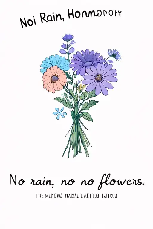 Bouquet of mental health related flowers, pastel colors, especially blues and purples, "No Rain, No Flowers" tattoo design idea
