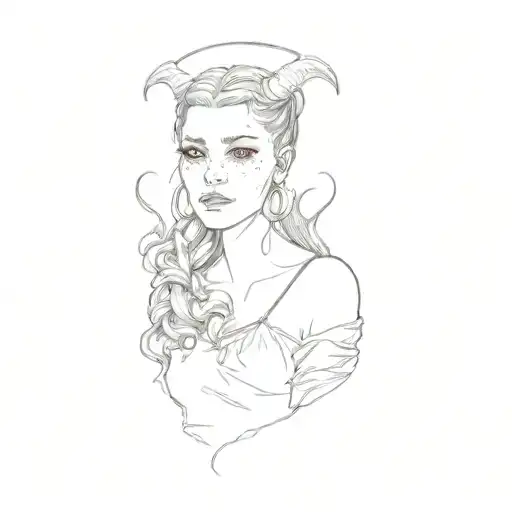 A devil girl with a long braid and a halo behind her head tattoo design idea