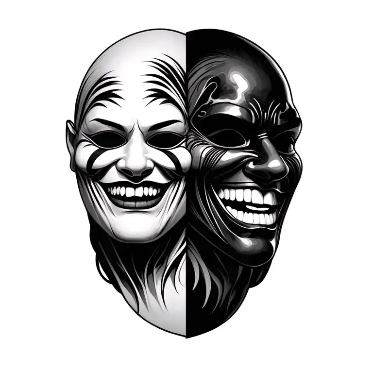 laugh now cry later masks on top of each other tattoo design idea