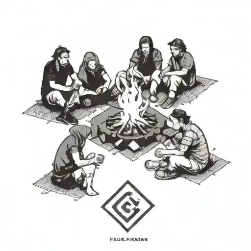 A group of friends sitting around a bonfire, with each friend represented by a unique symbol or letter (A, G, M) in a blackwork style tattoo design idea