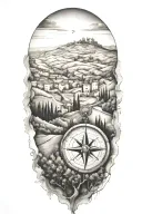 edges that fade and blend softly, italian tuscany landscape with trees and a compass  tattoo design idea