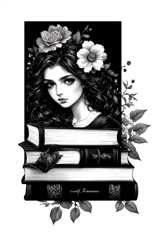 dark romance with books and flowers tattoo design idea