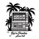 slot machine with scratch off at bottom silhouette palm trees coins "rest in paradise Nana Deb" tattoo design idea