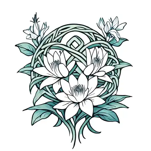 celtic father daughter knot surrounded by water lily and larkspur  tattoo design idea