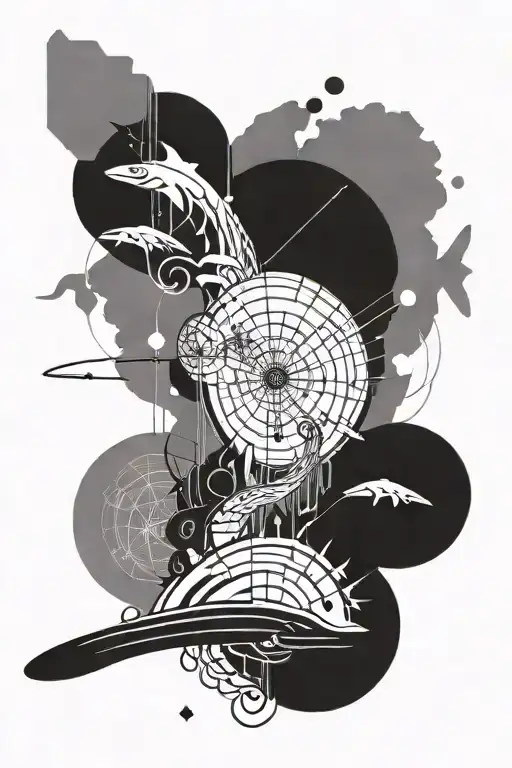 tattoo with visual elements linked to physics, design, surfing, twins, map of Paraíba and northeastern culture tattoo design idea