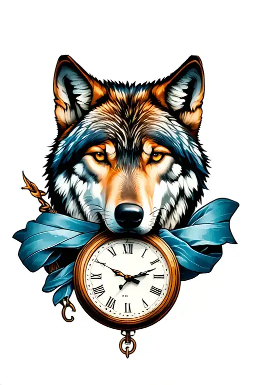 wolf tied into timepiece + mountains  tattoo design idea