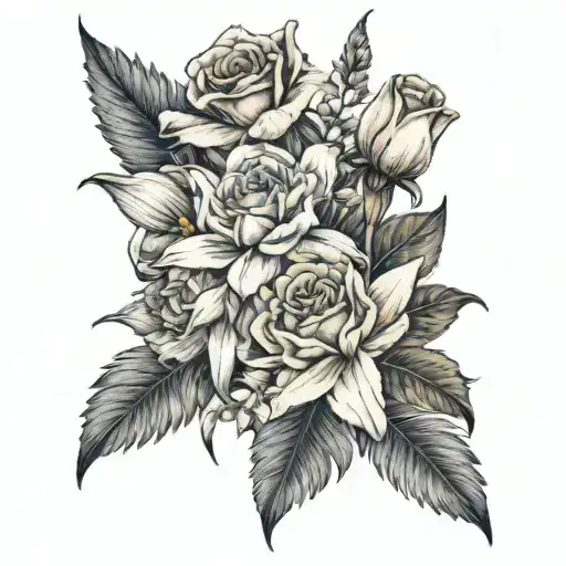 a bouquet with a rose, daffodil, paperwhite Narcissus, and a aster  tattoo design idea
