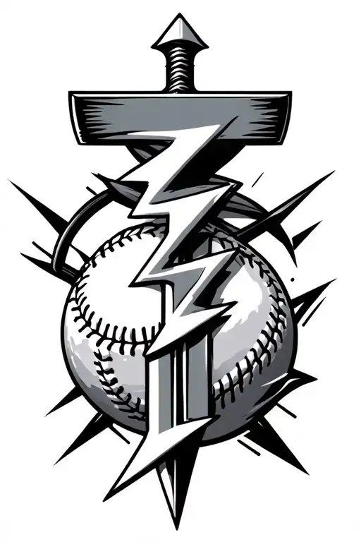cross sword baseball ball intertwined lightning bolt tattoo design idea