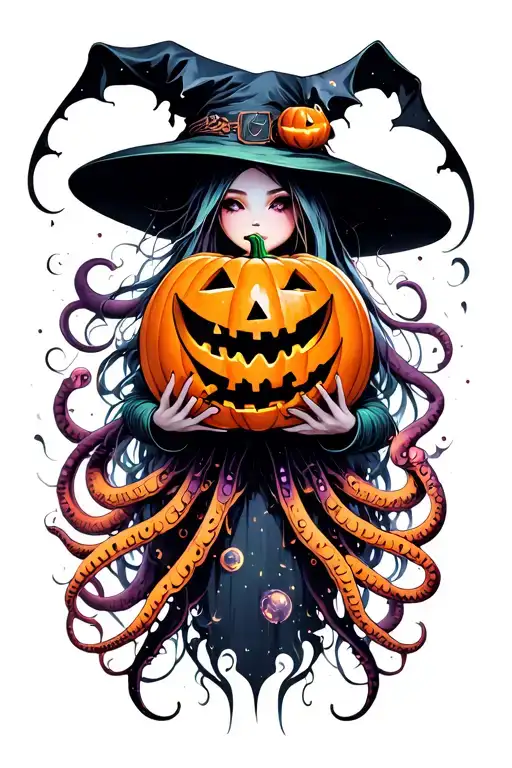 cyber witch holding jack-o'-lantern, tentacles, space, eldritch tattoo design idea