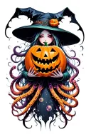 cyber witch holding jack-o'-lantern, tentacles, space, eldritch tattoo design idea