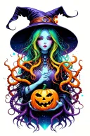 cyber witch holding jack-o'-lantern, tentacles, space, eldritch tattoo design idea
