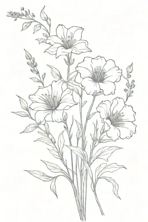 bouquet of flowers stems come together: larkspur, morning glory, marigold, cosmo, poppy tattoo design idea