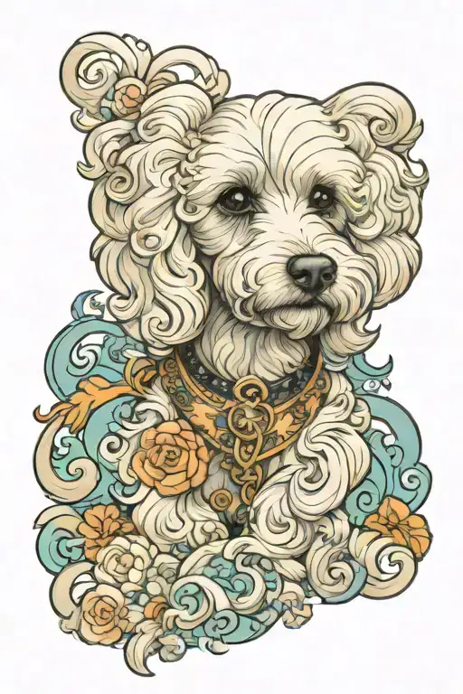 maltese poodle mix dog, white and creme dog hair, art noveau style, pastel colors tattoo design idea