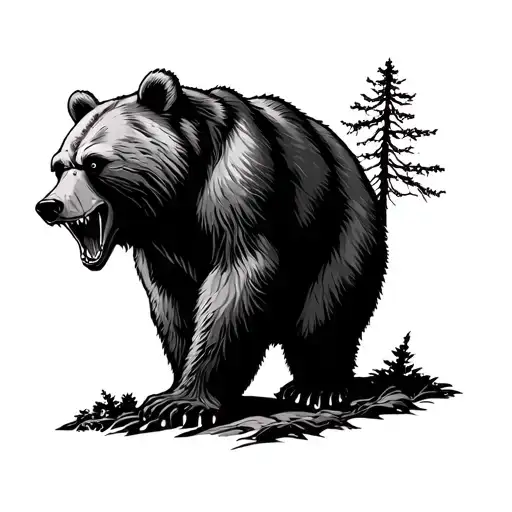 scary bear in a forest tattoo design idea