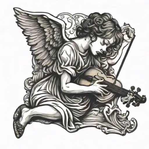 sad angel playing violin tattoo design idea