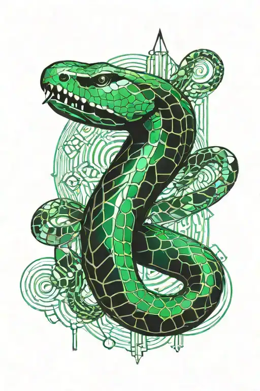 snake wrapping itself on emerald, gemini sign, mountains tattoo design idea