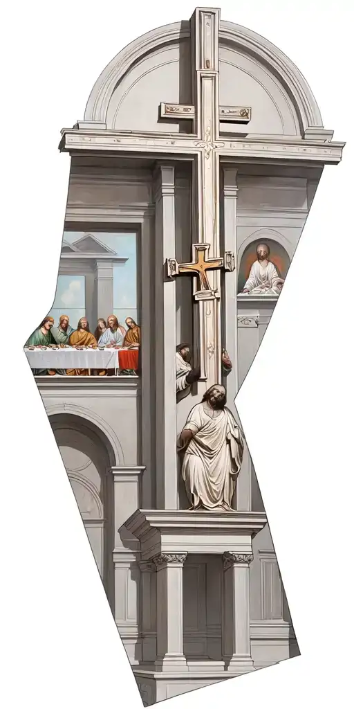 The inside of a catholic church with an upside down cross and the last supper  tattoo design idea