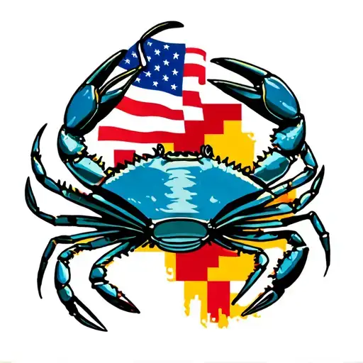 Maryland blue crab and flag morphing tattoo design idea