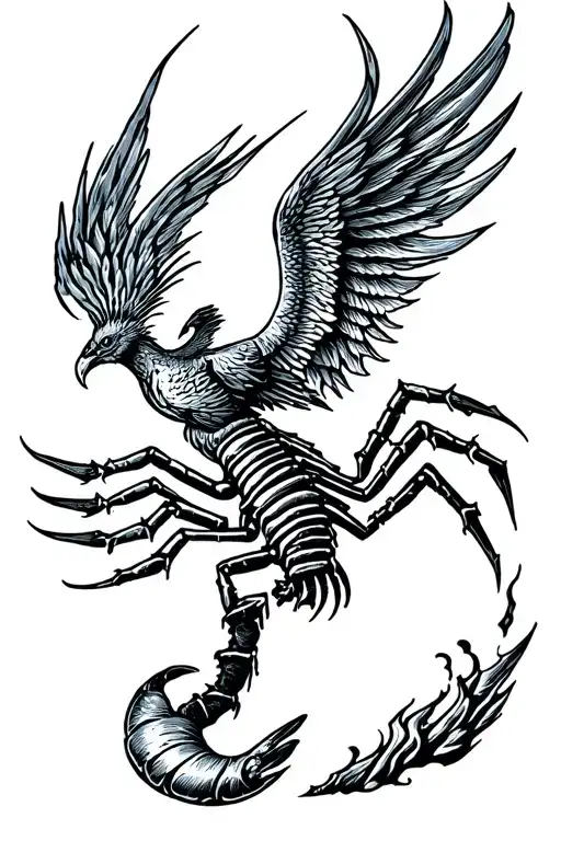 scorpio phoenix rising from the ashes, universe theme tattoo design idea