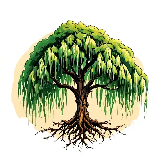 weeping willow tree with roots tattoo design idea