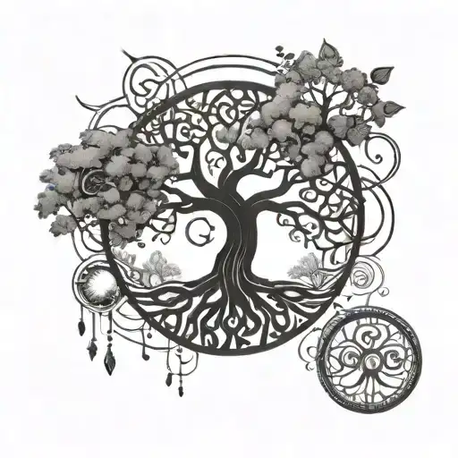 tree of Life with Trinity symbol in Roots and moon phases above tree of Life tattoo design idea
