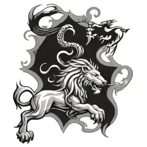 rampant lion with lone piper leading humans tattoo design idea