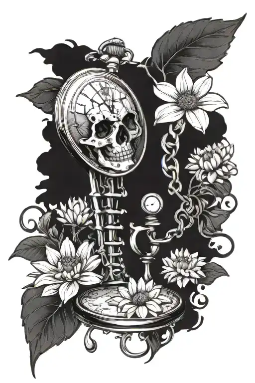 baby footprints below exploding skeleton pocket watch with chrysanthemum, lotus, daisy, marigold and hyacinth flowers  tattoo design idea