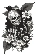 baby footprints below exploding skeleton pocket watch with chrysanthemum, lotus, daisy, marigold and hyacinth flowers  tattoo design idea