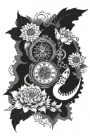 baby footprints below exploding skeleton pocket watch with chrysanthemum, lotus, daisy, marigold and hyacinth flowers  tattoo design idea
