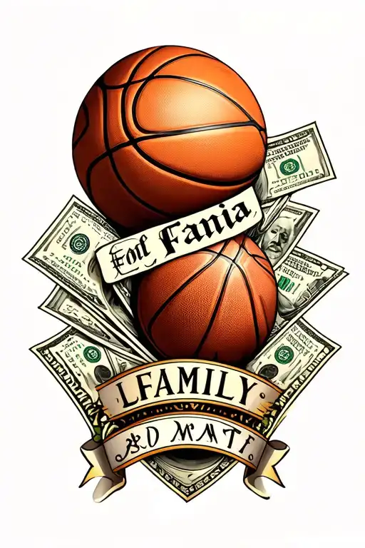 fore arm sleeve with basketball and money and the words family and loyalty  tattoo design idea