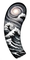 Black and grey sleeve: spiral galaxy above ocean waves, smooth transition, elegant and dark realism. tattoo design idea