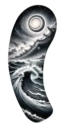 Black and grey sleeve: spiral galaxy above ocean waves, smooth transition, elegant and dark realism. tattoo design idea