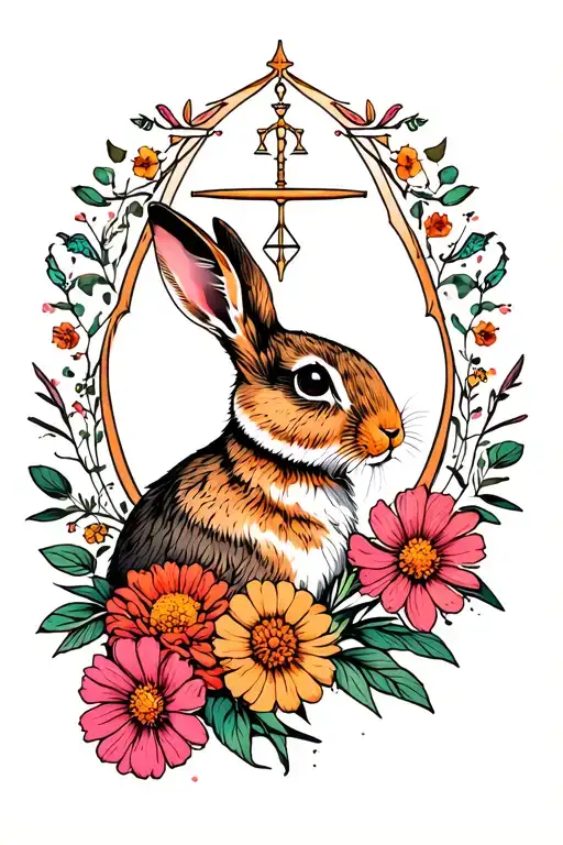 marigolds and cosmos in pink and orange with a rabbit Libra symbol tattoo design idea