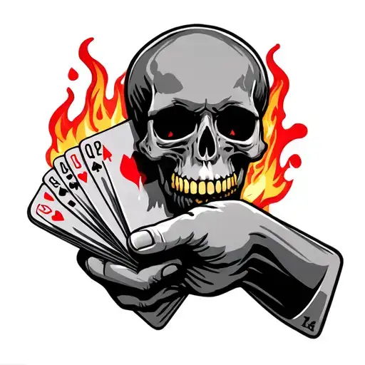Skull hand holding cards that are on fire with a bullet hole  tattoo design idea