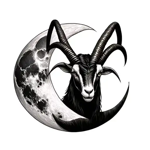 a highly detailed horror style arm sleeve tattoo with an evil black phillip the goat who's horns shape the moon, with tr tattoo design idea
