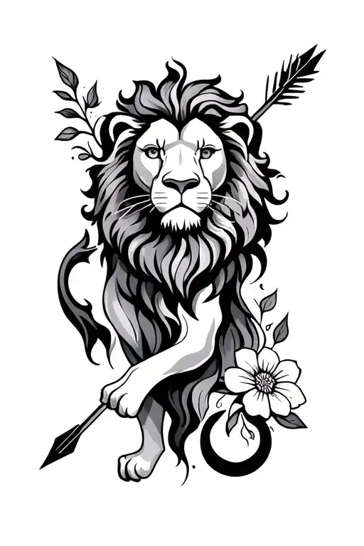 Astrological sign lion and sagittarius arrow flower tattoo design idea