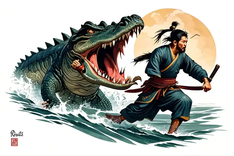 a man being chased by a crocodile and a Japanese samurai comes and saves the man  tattoo design idea