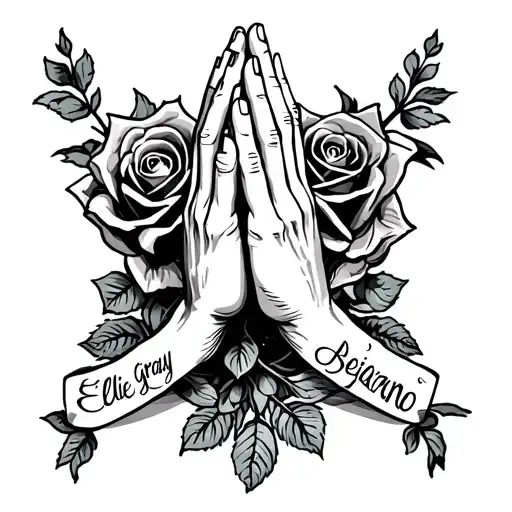 "Ellie gray Bejarano " "Ellie gray Bejarano " rose praying hands banner tattoo design idea