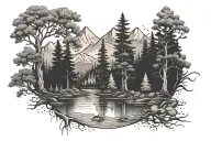 trees and river mountain hammock forest tattoo design idea