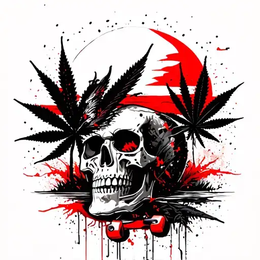 skull and skateboard and abstract trees and sunset and cannabis leaf and phoenix tattoo design idea